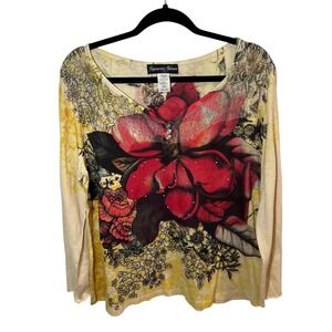 Y2K Appropriate Behavior Floral Graphic Grunge Top Whimsigoth Rhinestone Rose XL